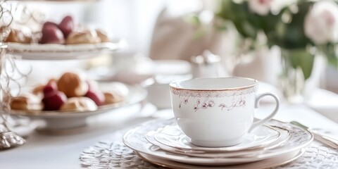 Delicate tea cup with elegant saucer, set against a backdrop of tasty pastries and fresh flowers for a serene afternoon setting.