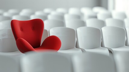 A single red chair in a row of white chairs.