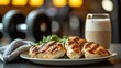 © olga_demina - Grilled chicken breasts with a protein shake. Nutritious high-protein meal for keto diets