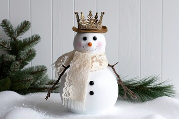 Elegant Snowman with Lace Scarf and Crown on a White Backdrop