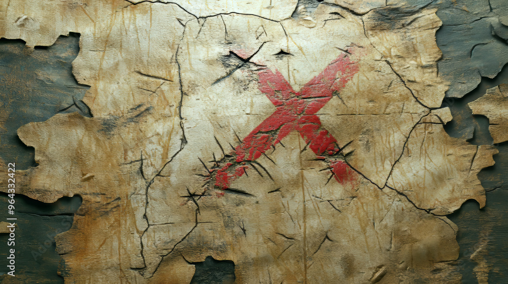 A faded, old treasure map with a red X marking the spot where the loot ...