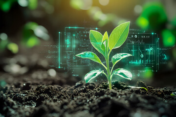 futuristic farming with green plant sprouting from soil and real-time holographic growth monitoring 