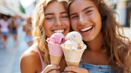 Candid close-up of two young European friends sharing ice cream on a busy street 