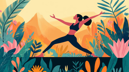 A woman is shown doing yoga poses in a nature setting.  The illustration is simple and colorful.