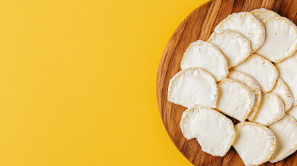 A wooden cutting board filled with slices of creamy Camembert cheese, set against a bright yellow backdrop.