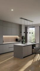 Wall Mural - Kitchen-dining room, room in a modern minimalist style. Open space. 3D rendering. Vertical format