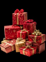 New Year gifts in red packages, boxes with gold ribbons on transparent background, photo