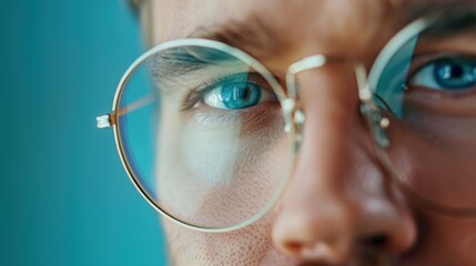 Poster - Half-face portrait of a smiling mature man wearing glasses for vision care, featuring a mockup background