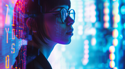 AI cyber security threat illustration, female IT specialist analysing data information technology, augmented reality artificial intelligence collage, side profile, copy space	