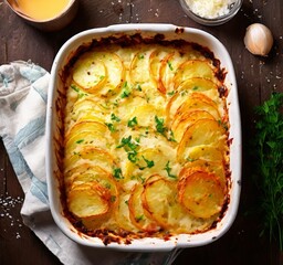 Wall Mural - A baked dish with sliced potatoes, herbs, and a creamy sauce, served in a white baking dish on a wooden table.