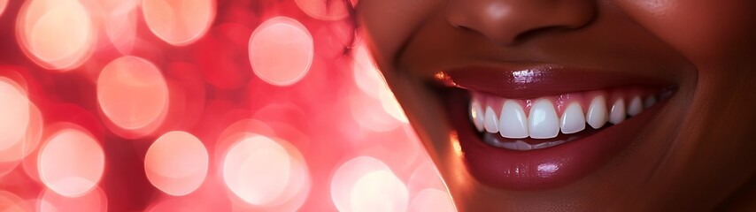 Radiant Smile of Joy: Person with Sparkling Teeth in Rich Burgundy Bokeh Background Symbolizing Warmth and Richness