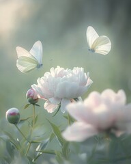 Two white butterflies fluttering over soft peonies on a blurred background