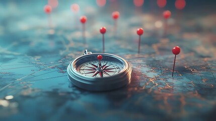 Wall Mural - a close-up of a compass with red pins marking various points on an abstract map, set against a backd