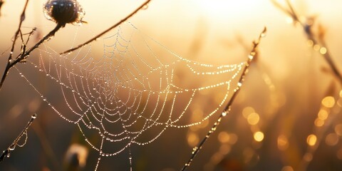 A delicate spider web glistening with dew in the soft morning light, capturing the beauty of nature's intricate designs.