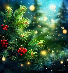 Wall Mural - A close-up of a Christmas tree branch with red berries, surrounded by a blurred background of green pine trees and twinkling lights.