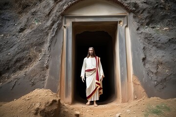 jesus christ at the tomb entrance signifying hope and resurrection