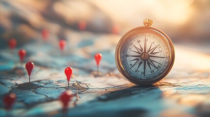 Wall Mural - a close-up of a compass with red pins marking various points on an abstract map, set against a backd