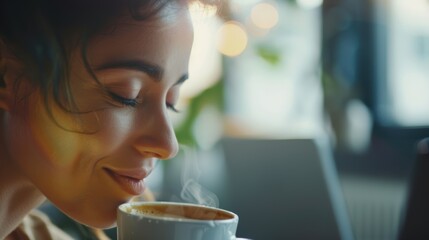 woman enjoying a warm beverage, possibly hot chocolate or tea, for hydration and relaxation. depicts