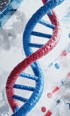 Close-up illustration of two intertwined DNA strands in red and blue, symbolizing genetic research and molecular biology advancements