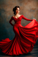 Wall Mural - Elegant beautiful Spanish dancer in a red dress performing flamenco.