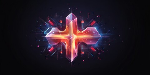 digital art piece with a stylized cross-shaped design composed of geometric shapes and lines, set against a dark background.