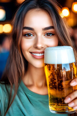 Wall Mural - Young smiling brunette woman raising a beer mug at an outdoor Oktoberfest pub, enjoying the festive atmosphere and traditional Bavarian music.