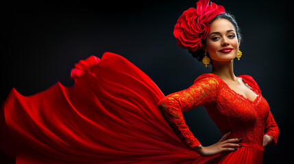 Wall Mural - Beautiful Spanish woman in a red flamenco dress, dancing with passion and style on a dark background. Copy space.