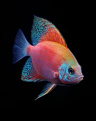 the Siamese Gourami fish, portrait view, white copy space on right, Isolated on black Background