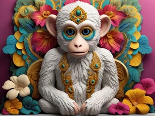 Wall Mural - A cute 3D render of a happy Monkey face surrounded by colorful yarn balls and flower,a skull monkey by flowers,A monkey face is drawn , with a flowery design surrounding it