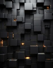 dark, abstract pattern composed of numerous black cubes arranged in a grid-like fashion, with some cubes illuminated by a warm, yellow light.