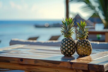 Wall Mural - Two fresh and cool pineapple on a wooden tabele in a costal hotel facing towards sea. Close up