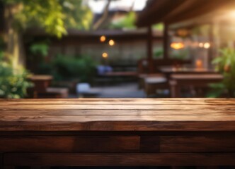 A wooden table in the foreground with a blurred outdoor patio area in the background, featuring a wooden structure and plants.