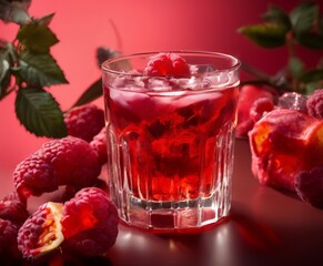 Wall Mural - A glass of red raspberry-based cocktail, garnished with a raspberry, sits on a table surrounded by fresh raspberries and leaves.