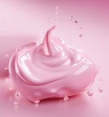 Wall Mural - A pink, creamy substance with a pointed top and water droplets is shown against a pink background.