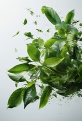 a close-up view of a branch with green leaves, with some leaves floating in the air and others falling down, creating a dynamic and natural scene.