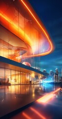 Wall Mural - a modern architectural structure with a curved roof and large glass windows, illuminated by a vibrant orange light that creates a dynamic and visually striking scene.