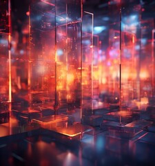 Poster - a digital art piece featuring a futuristic cityscape with tall, transparent glass structures that reflect a vibrant array of colors, including red, orange, and blue.