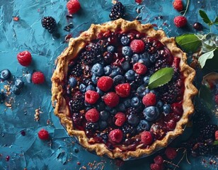 Wall Mural - A berry-filled pie sits on a blue textured background, surrounded by fresh raspberries, blackberries, and blueberries.