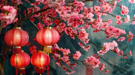 Chinese New Year celebration with lanterns cherry blossoms and festive decorations. Concept Festive Decor, Chinese New Year, Lanterns, Cherry Blossoms, Celebration 