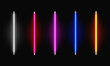 © Cimeries - Realistic isolated colorful neon led lamp tube set. Luminous glowing lights lines in different colors on dark transparent background.