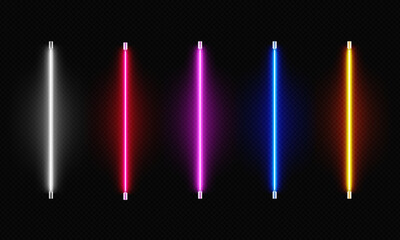 realistic isolated colorful neon led lamp tube set. luminous glowing lights lines in different color