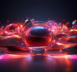 Wall Mural - close-up view of a glass sphere with a reflective surface, surrounded by a blurred array of colorful glass spheres in various shades of red, orange, and purple.