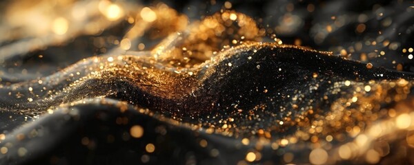 a close-up view of a textured surface with a dark background and a layer of gold glittering particles. The glittering particles are scattered randomly across the surface,