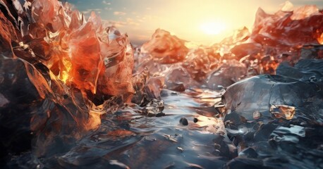 Wall Mural - A digital of a rocky landscape at sunset, featuring a stream of water flowing through the rocks and a warm, golden glow from the setting sun.