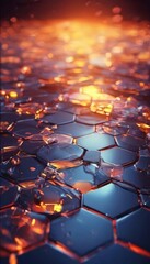 Wall Mural - a close-up view of a textured surface composed of numerous small hexagonal tiles, with a warm, fiery glow emanating from the center.