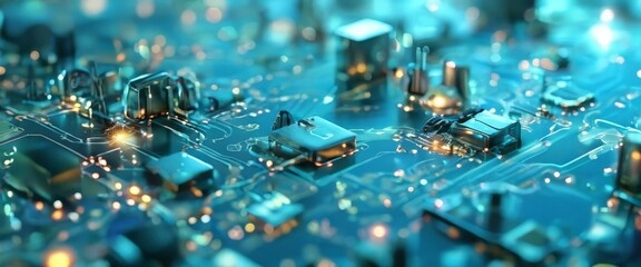 Wall Mural - a close-up view of a circuit board with various electronic components and glowing lights, suggesting a technological or scientific context.