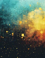 Wall Mural - a digital art piece featuring a vibrant abstract background with a mix of blue, green, orange, and yellow colors, along with scattered light effects and small circles.