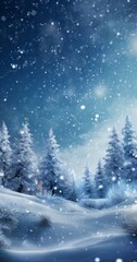 Wall Mural - A serene winter landscape features snow-covered pine trees and a snowy field, with a starry night sky overhead.