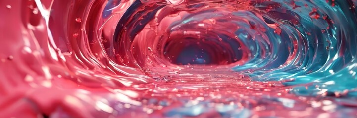 a vibrant, abstract representation of a tunnel or passage, with a mix of pink and blue hues. The tunnel appears to be filled with water or liquid, creating a dynamic and fluid