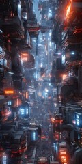 Poster - a futuristic cityscape with towering structures, glowing neon lights, and a complex network of roads and bridges. The city is bathed in a mix of blue, orange, and white hues,